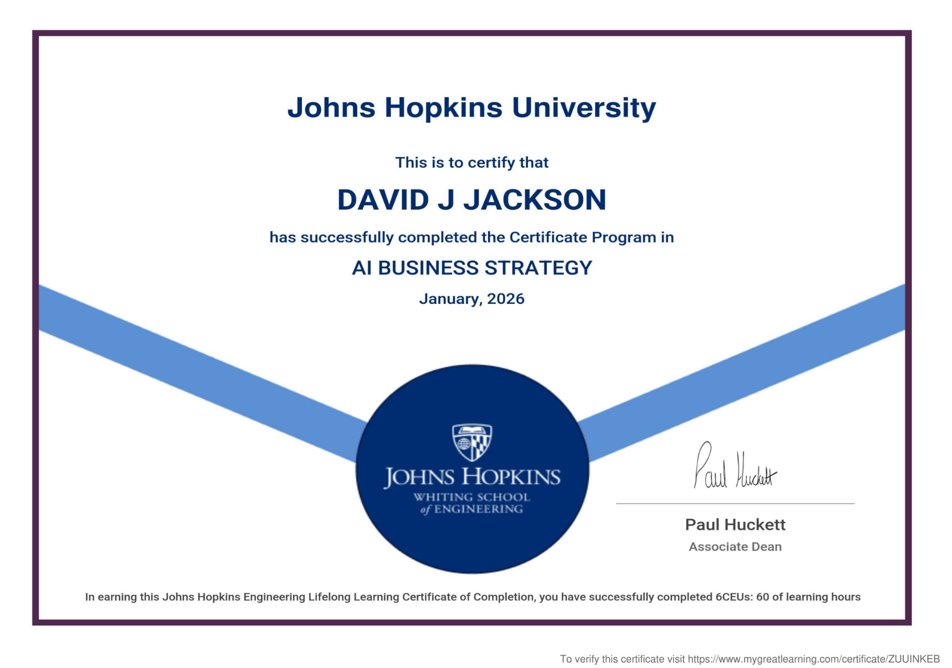 Johns Hopkins University AI Business Strategy Certificate — David J. Jackson, January 2026