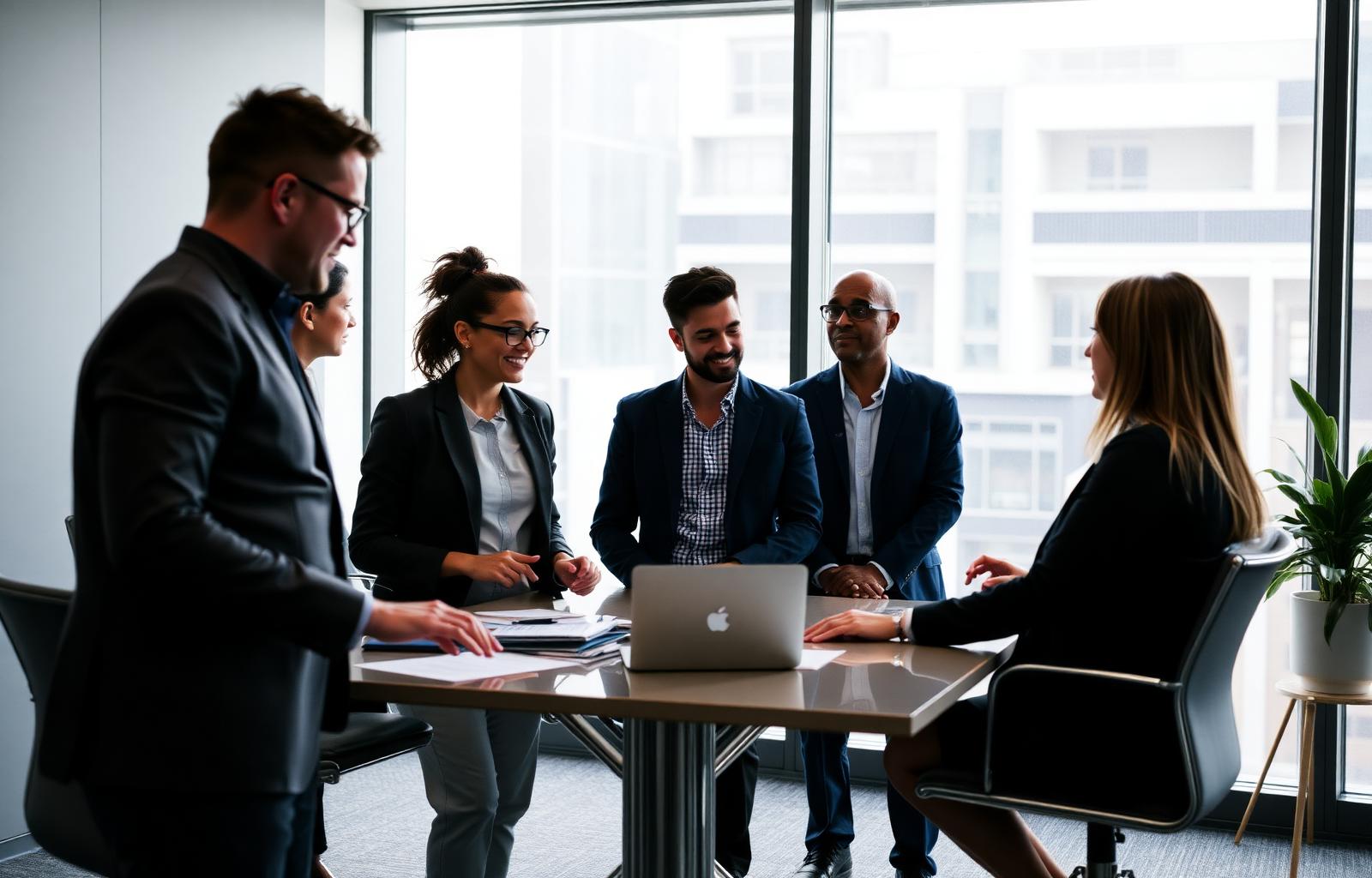 Professionals collaborating in a modern meeting room